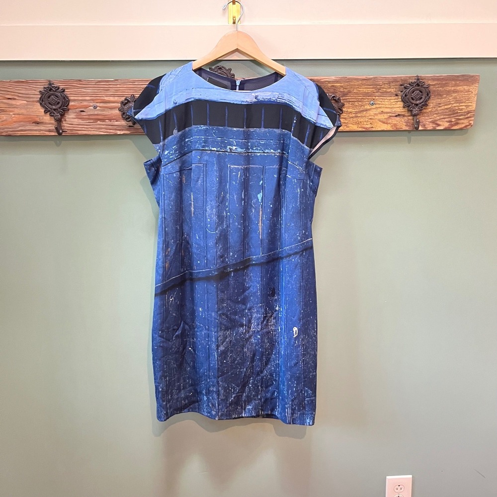 Akris Switzerland Blue Architectural Print Silk Cap Sleeve Sheath Dress US 12